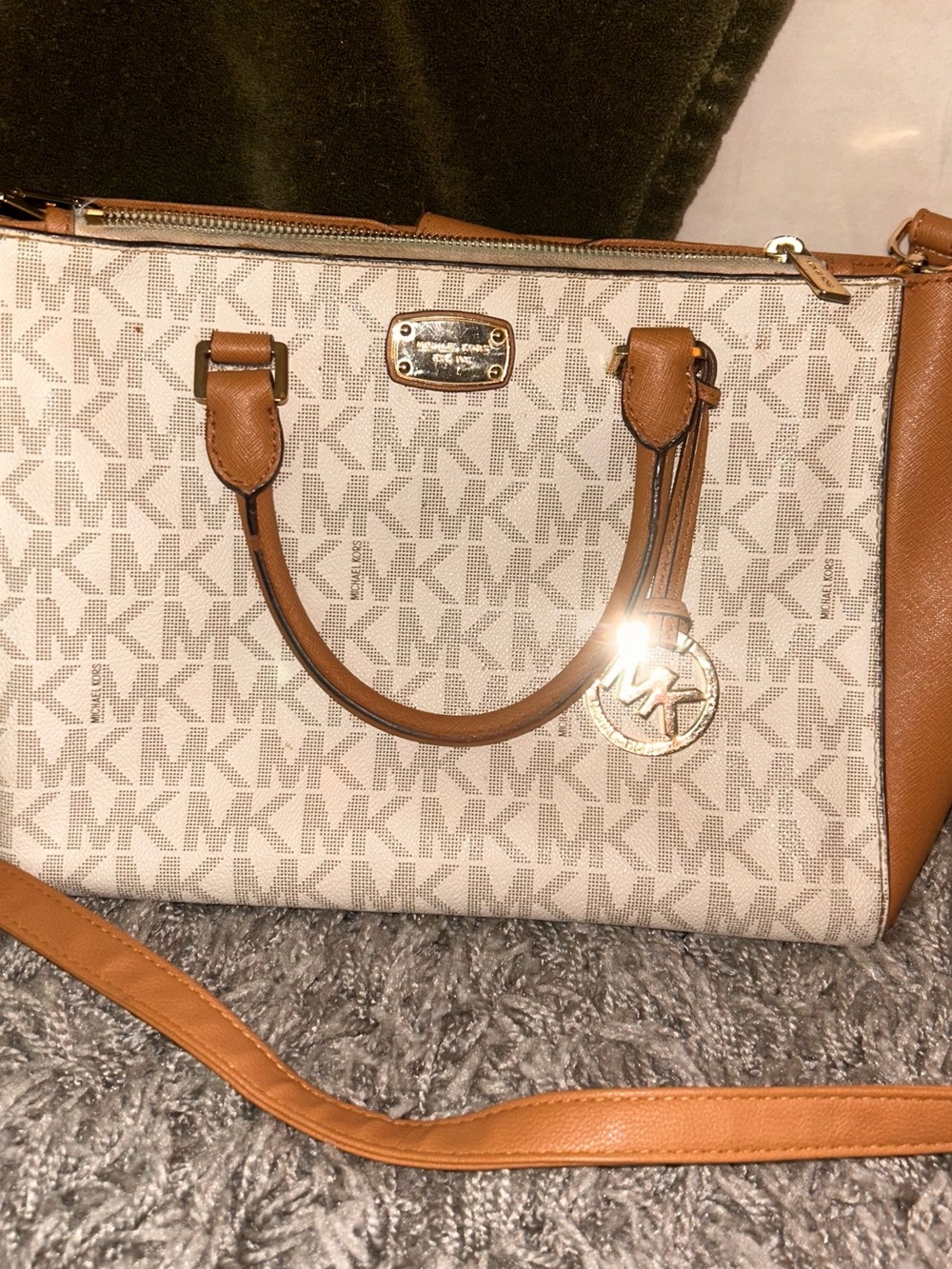 Michael Kors Beige & Brown Signature MK Tote with Gold Charm